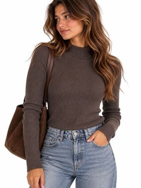 Grace Elements Silk Blend Ribbed Mock Neck Sweater Brown M Quiet Luxury
